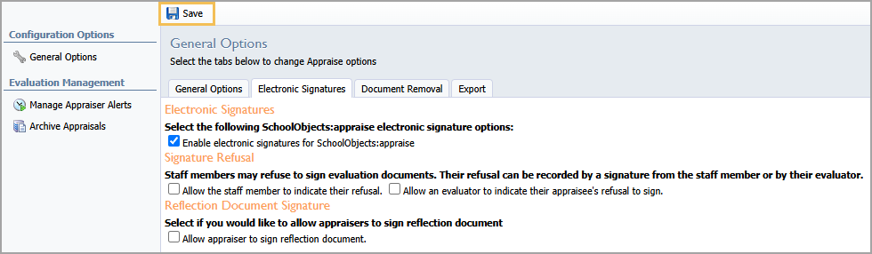 Saving your changes for electronic signature options.